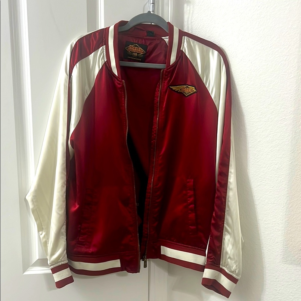 Harley Davidson 120th anniversary novelty Red and White Satin Bomber Jacket